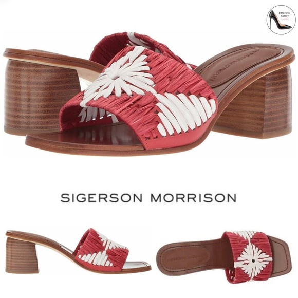 Sigerson Morrison Marnin Red White Brown Leather Heeled Slide Sandals Mules 9.5 - Picture 1 of 10